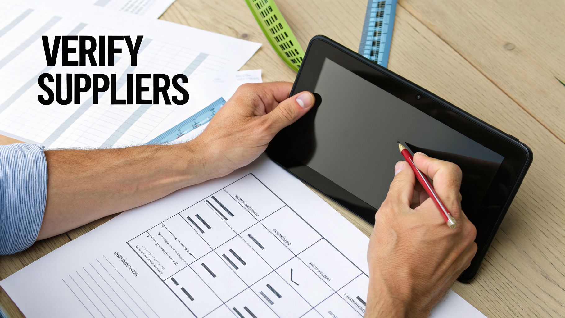 Hands of a person reviewing documents and using a tablet, with 'VERIFY SUPPLIERS' text.