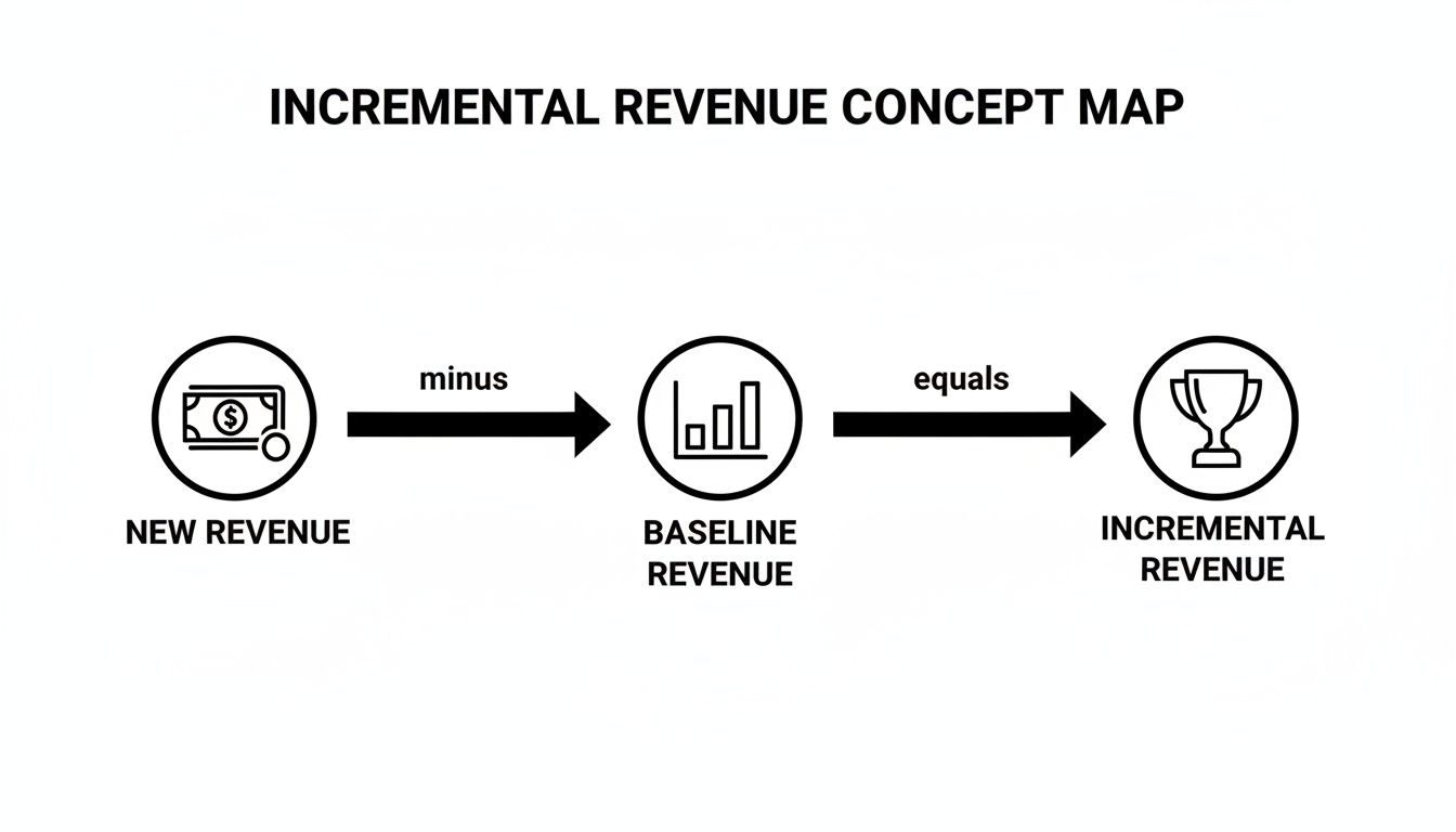 Concept map showing incremental revenue calculation: New Revenue minus Baseline Revenue equals Incremental Revenue.