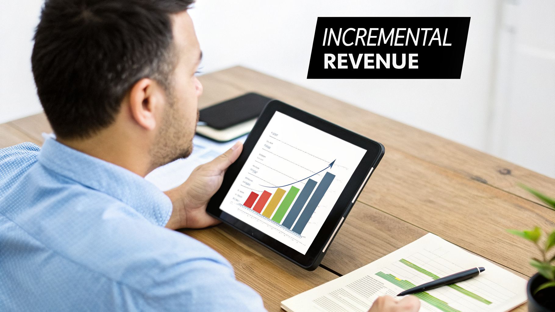 A man views an incremental revenue growth chart on a tablet, with papers and a pen on a desk.