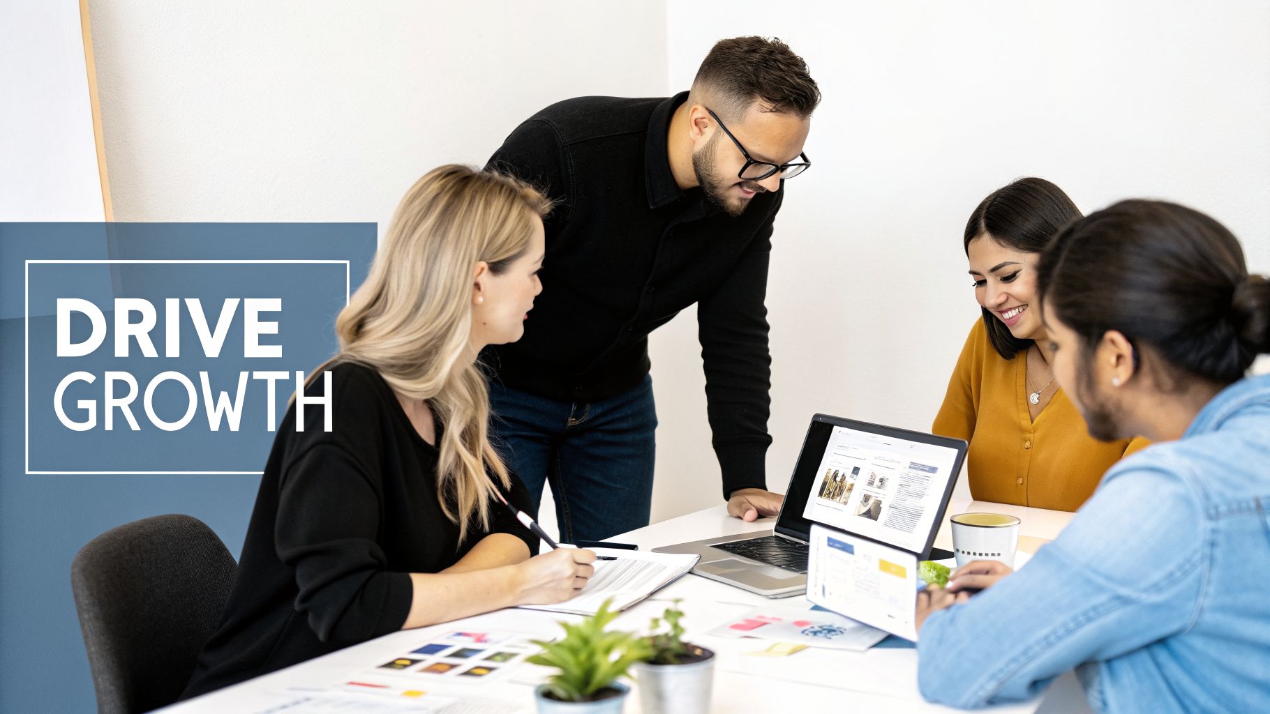 A diverse group of professionals discussing business growth, working collaboratively around a table.