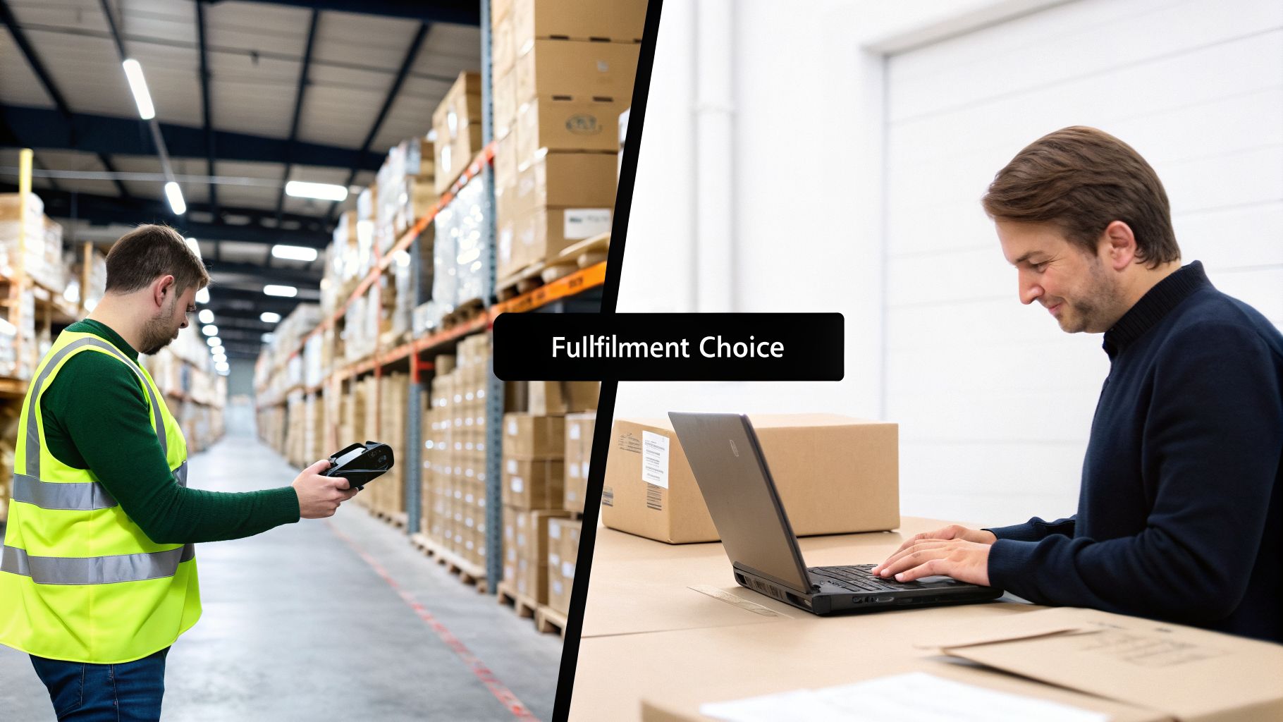 Two men representing fulfillment choices: one in a warehouse scanning, the other packing orders with a laptop.