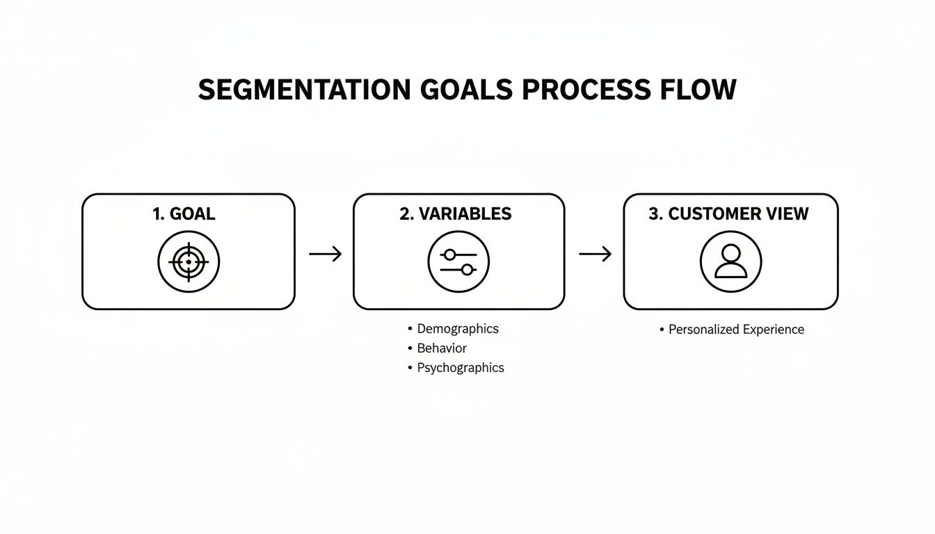 A process flow diagram illustrates segmentation goals from setting a goal to a personalized customer view.