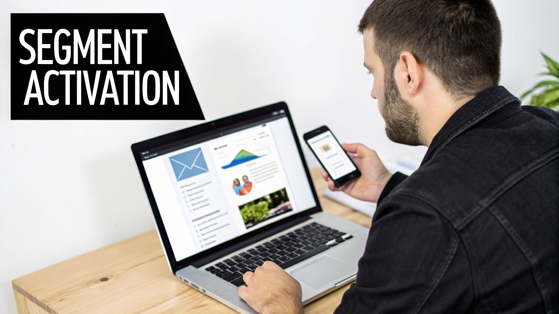 Person using laptop and smartphone for digital marketing and segment activation strategies.