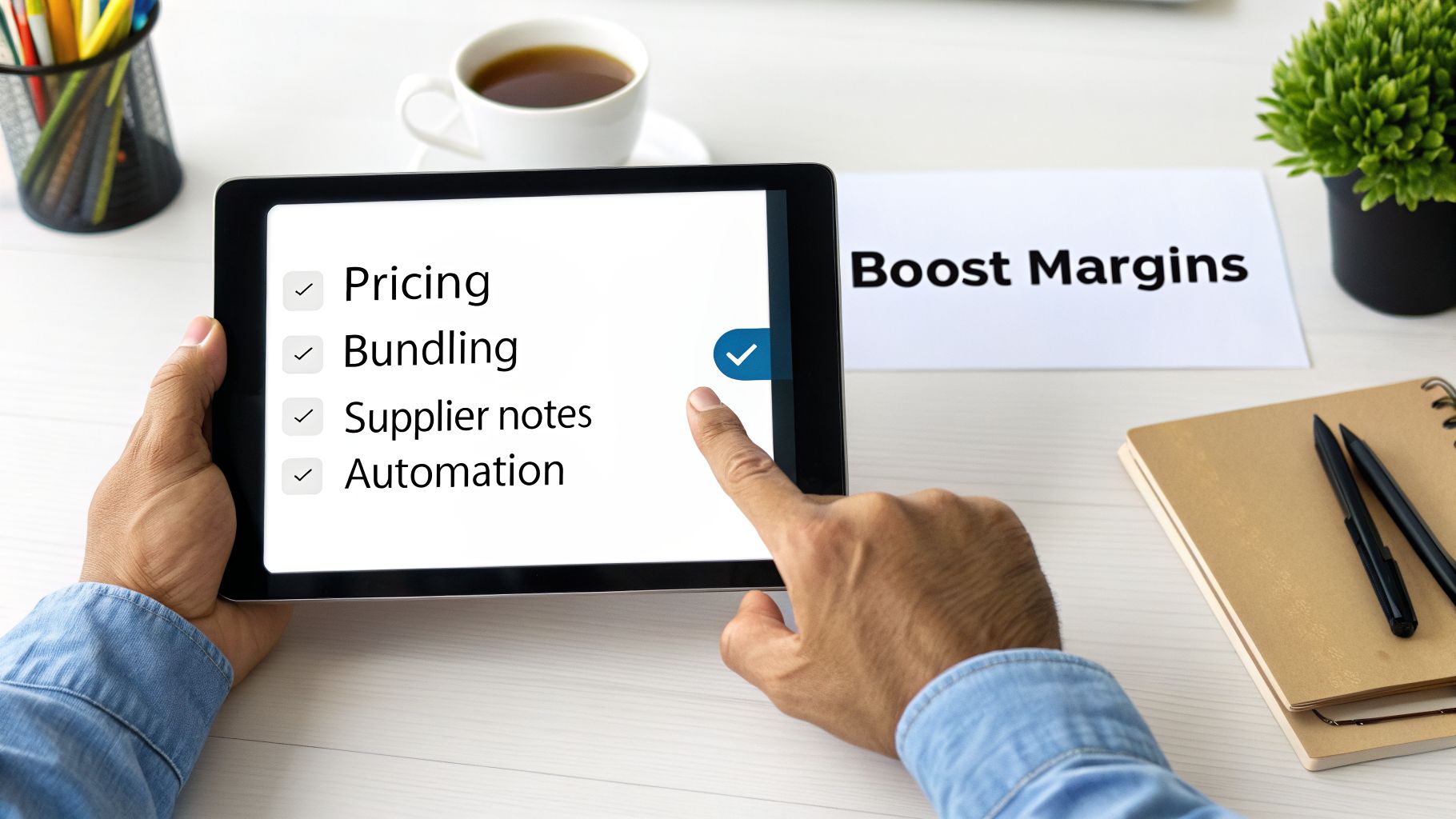 Hands holding a tablet displaying a checklist for boosting margins, including pricing and automation.