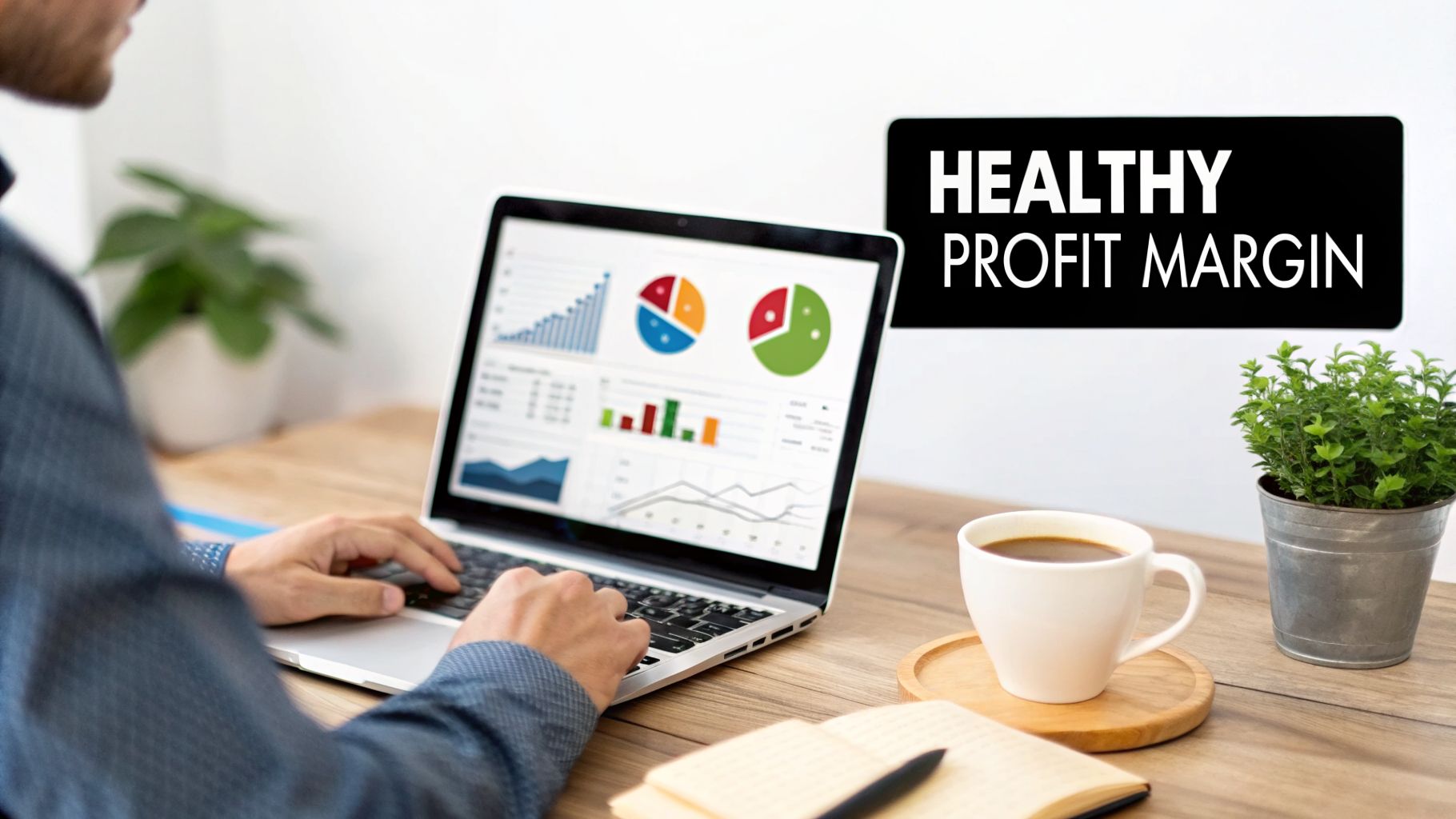 A person works on a laptop displaying financial charts and graphs, with a 'HEALTHY PROFIT MARGIN' sign.