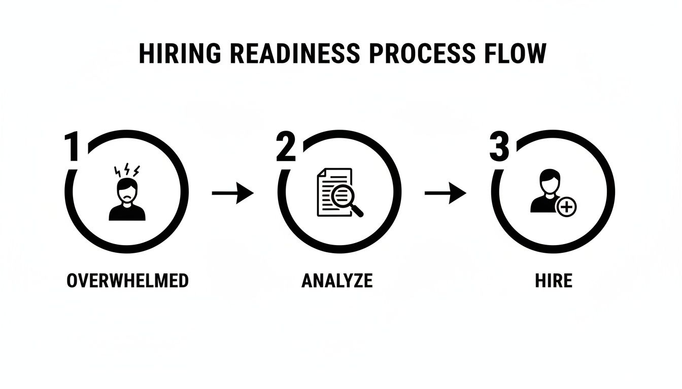 A three-step hiring readiness process flow showing overwhelmed, analyze, and hire.