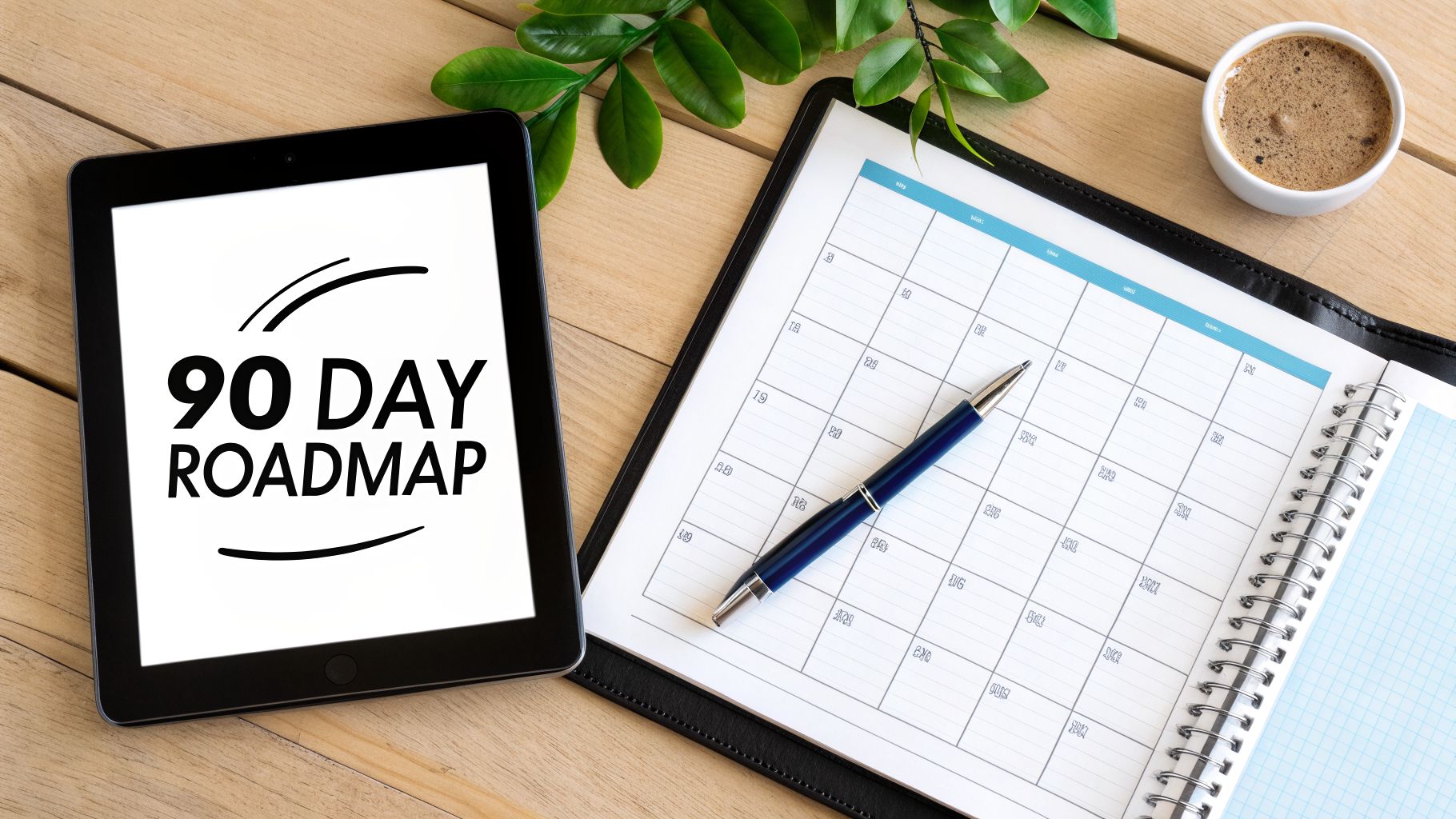 Tablet showing '90 Day Roadmap' next to a planner with a pen, coffee, and green plant.