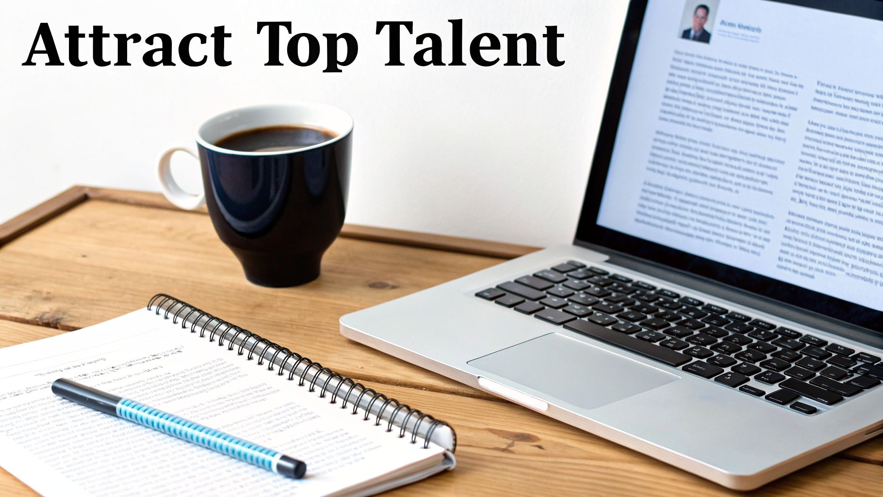 A laptop, coffee mug, open notebook, and pen on a wooden desk with 'Attract Top Talent' text.