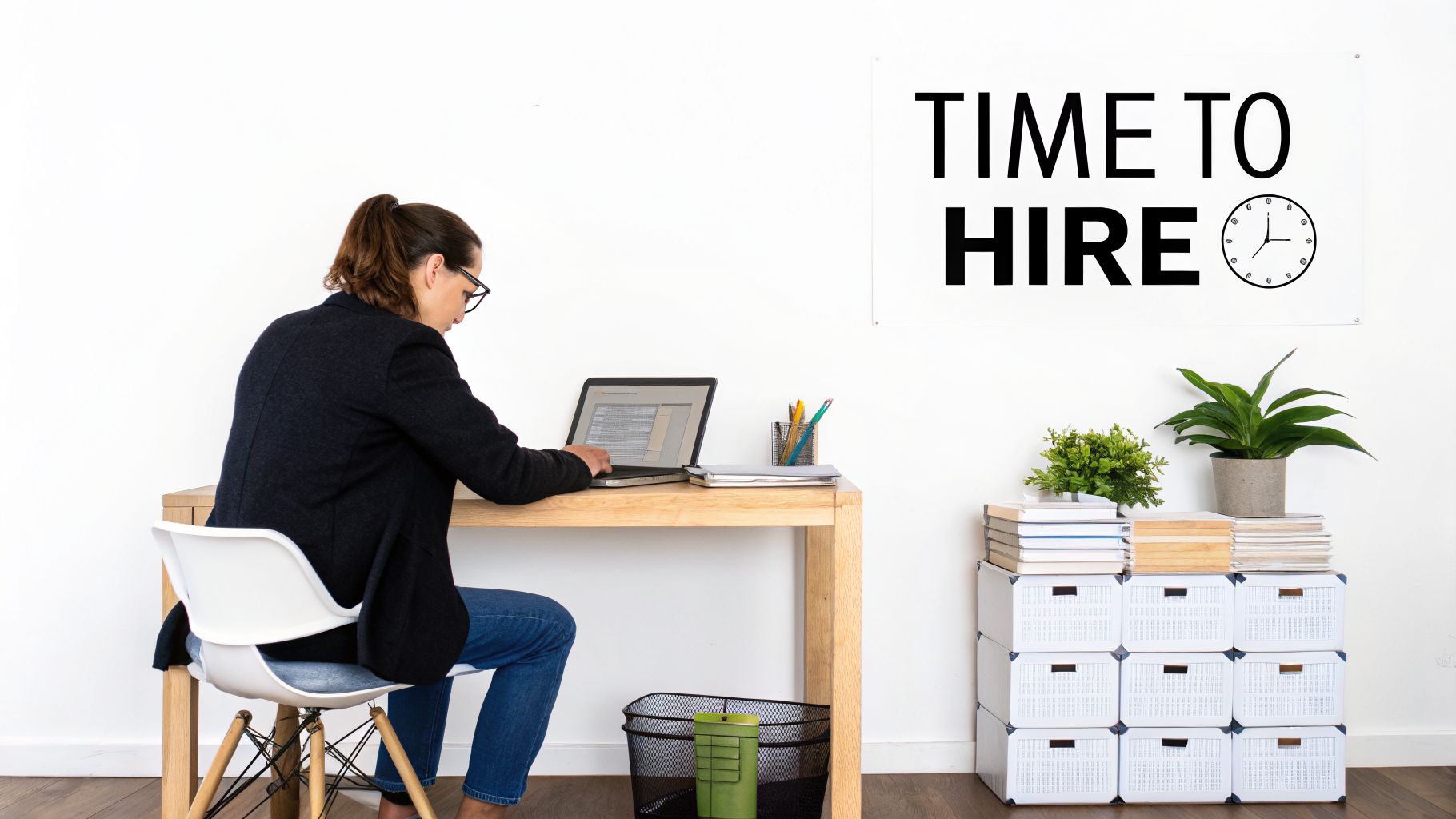 A person sits at a desk working on a laptop with a 'Time to Hire' sign.