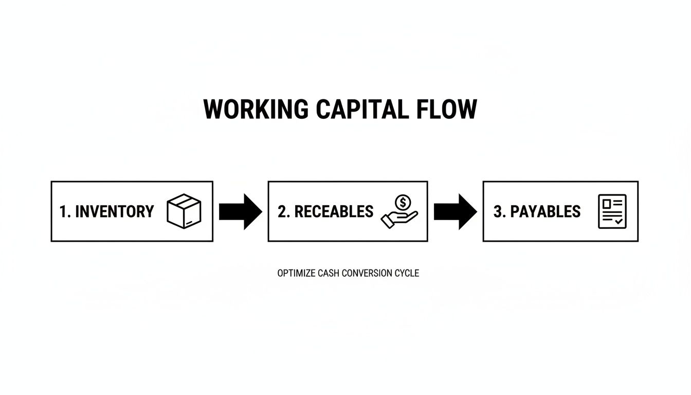 Diagram showing working capital flow: inventory, receivables, and payables, aiming to optimize the cash conversion cycle.