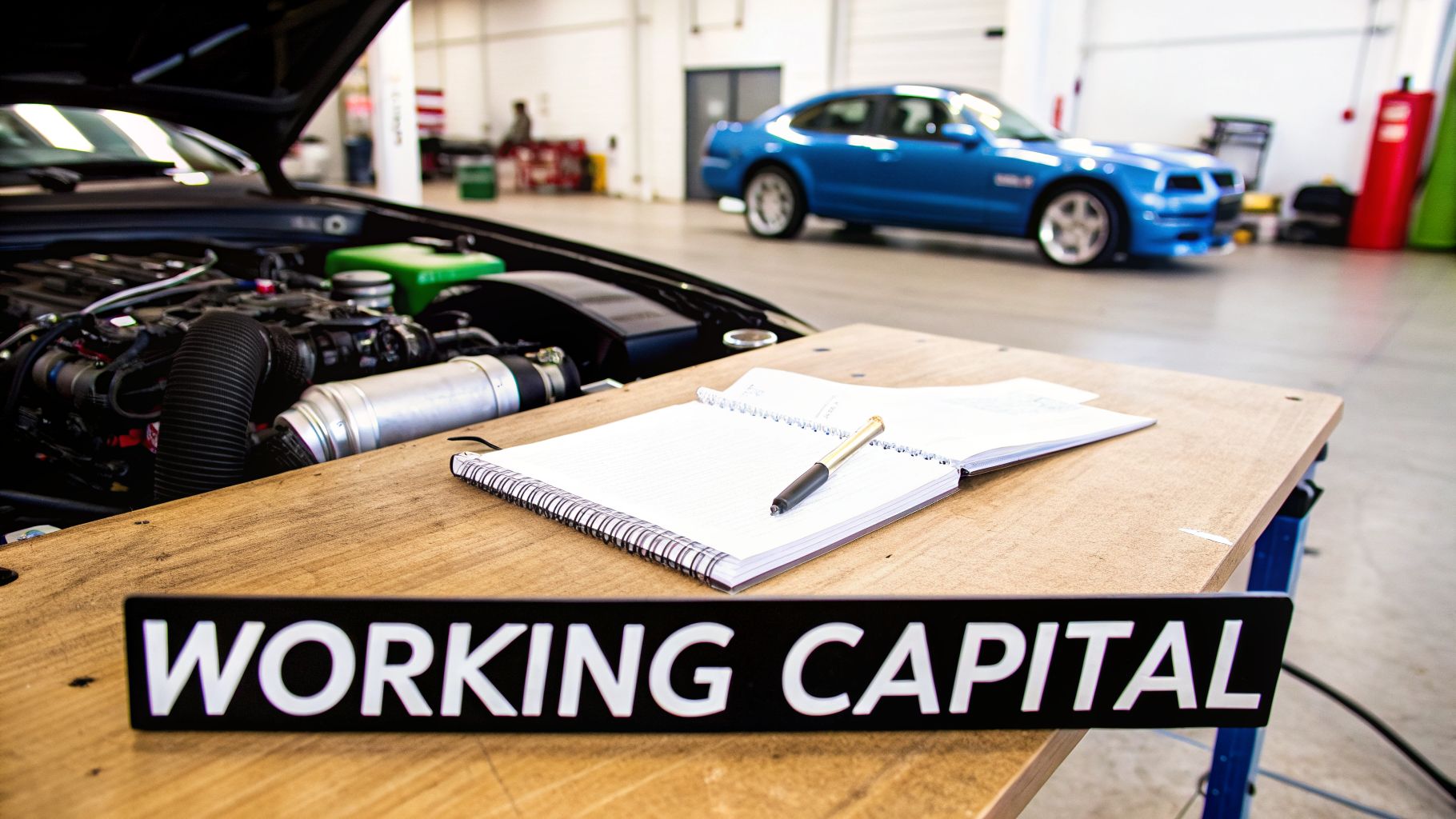 An open notebook and pen on a wooden workbench, with a 'WORKING CAPITAL' sign, and cars in a workshop.