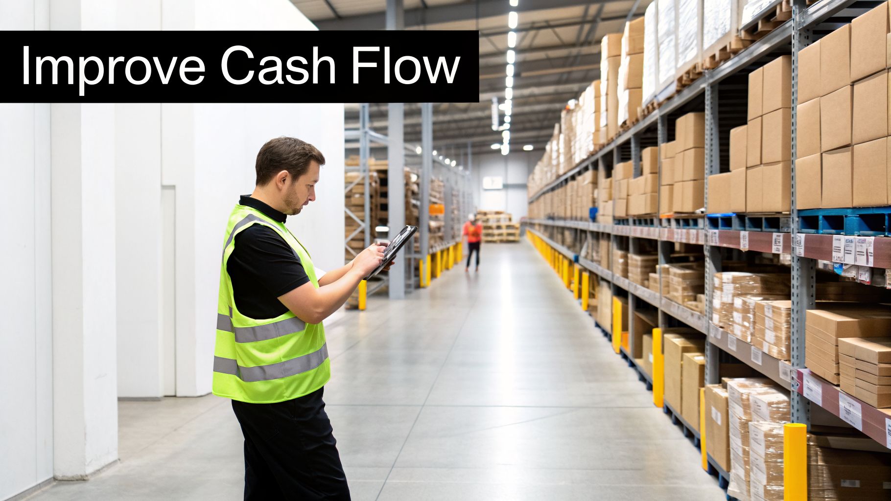 A warehouse worker in a high-visibility vest uses a tablet, surrounded by shelves of inventory.