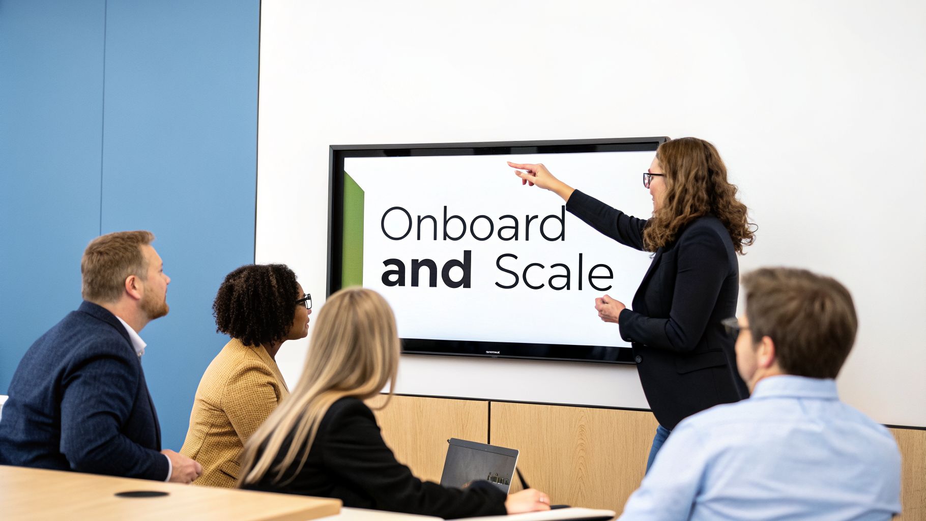 A businesswoman presents "Onboard and Scale" on a large screen to colleagues in a modern meeting room.
