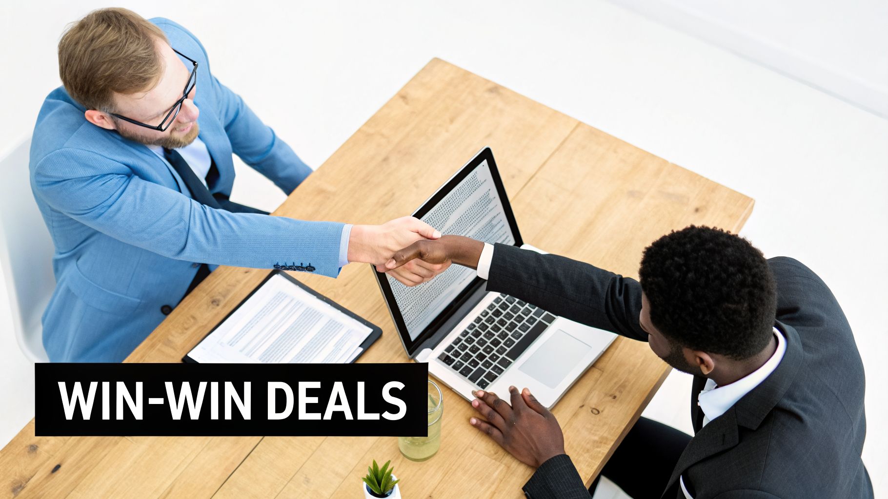 Two diverse businessmen shaking hands over a laptop and documents, symbolizing a successful win-win deal.