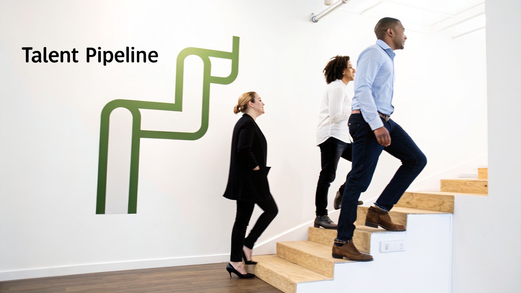 Three diverse professionals ascend a modern staircase, symbolizing career progression and growth.