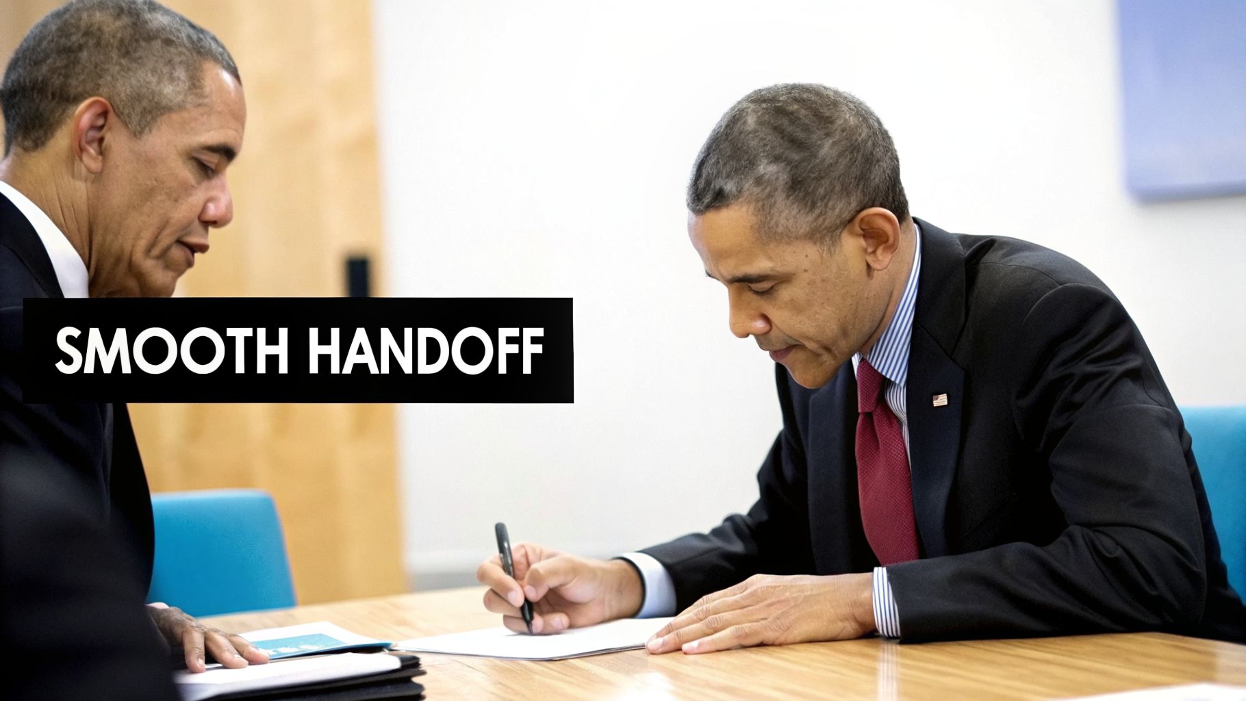Barack Obama signs official documents at a table, emphasizing a smooth leadership transition.