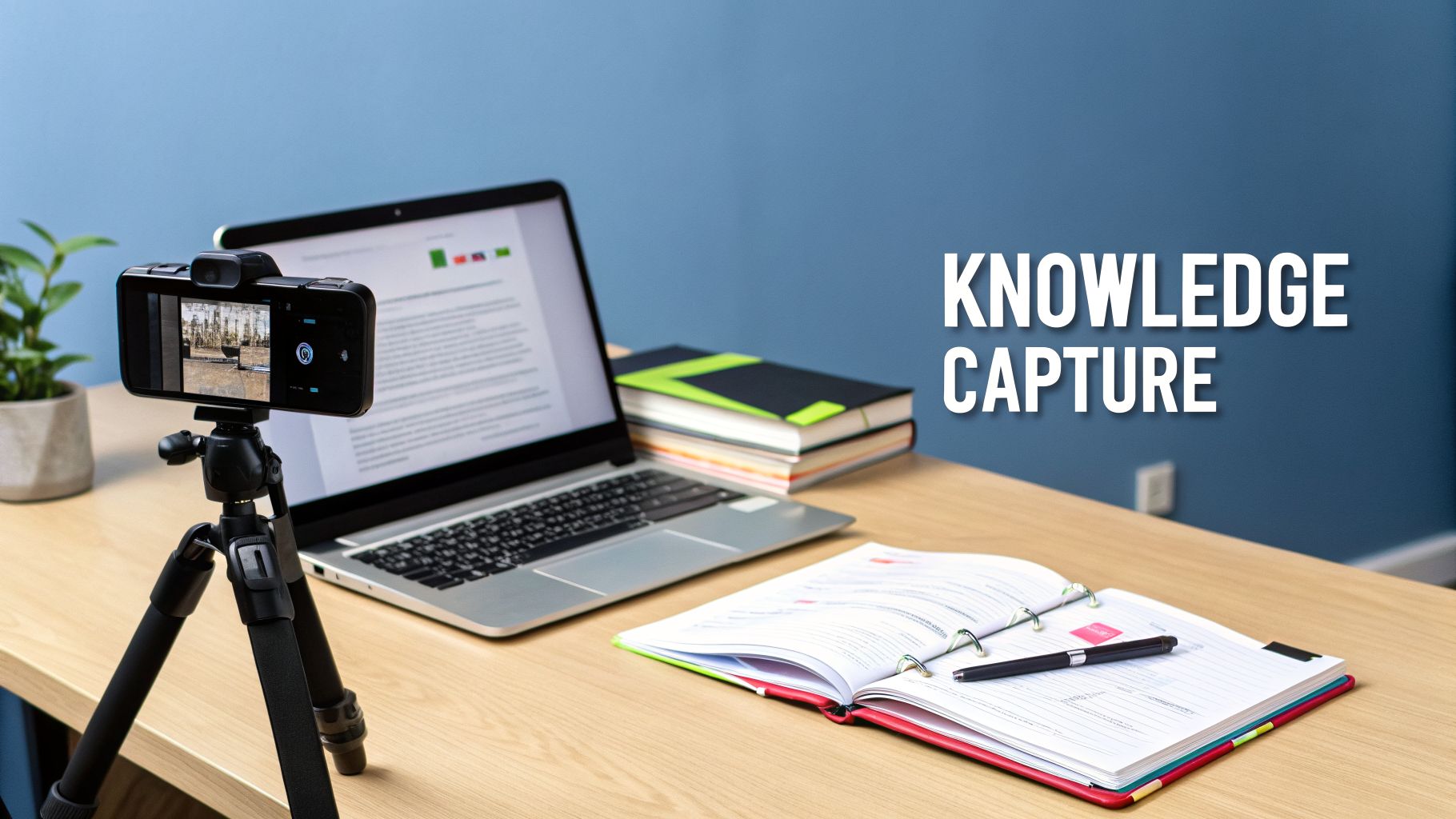 A desk with a smartphone on a tripod, laptop, books, and an open notebook, highlighting 'KNOWLEDGE CAPTURE'.