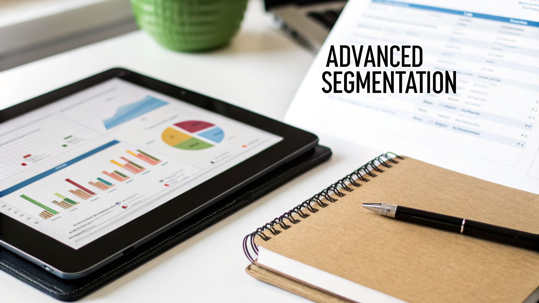 A tablet displaying charts and graphs next to a notebook and pen, with 'ADVANCED SEGMENTATION' on a laptop.