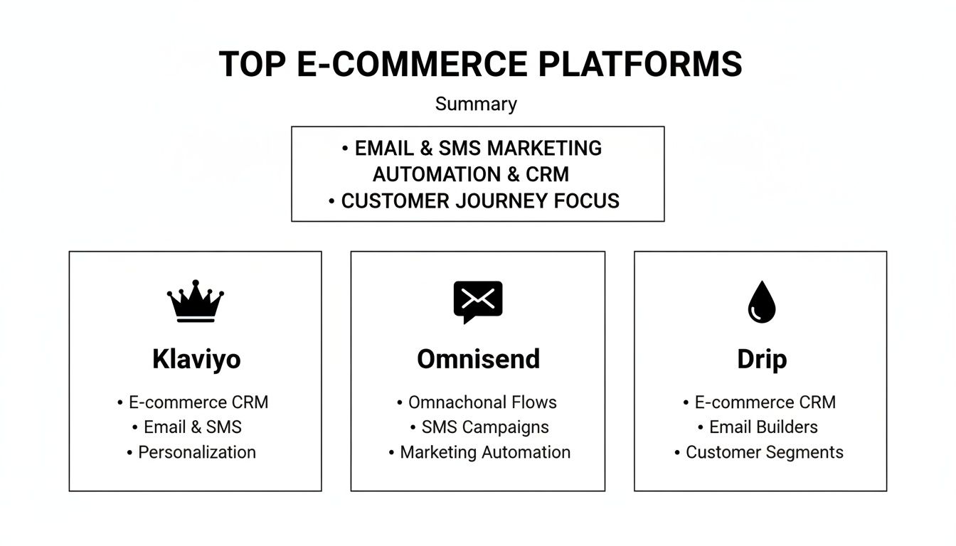 An infographic showing top e-commerce platforms, Klaviyo, Omnisend, and Drip, with their key marketing features.