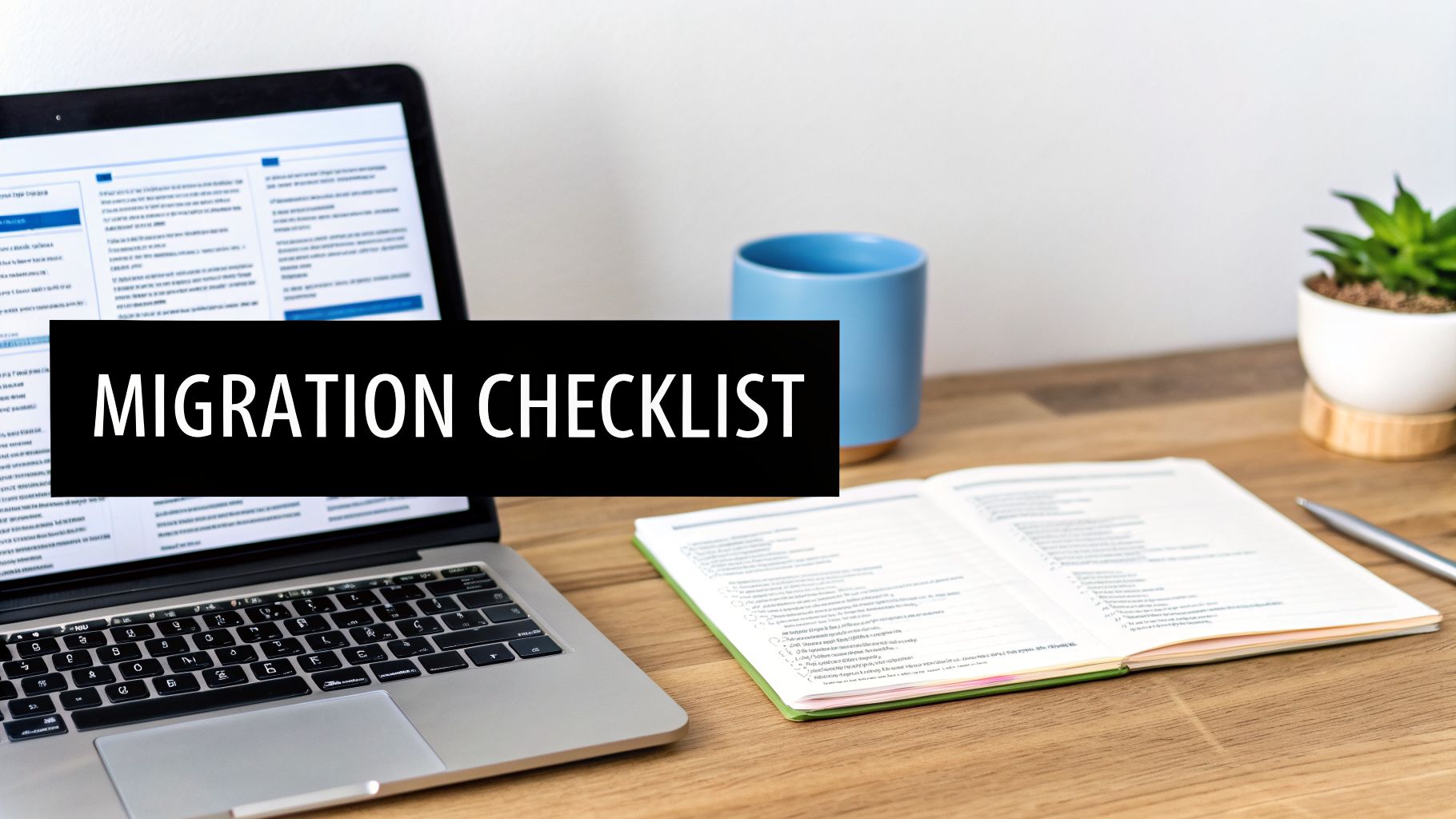 A work desk with a laptop, mug, plant, notebook, and a 'Migration Checklist' banner.
