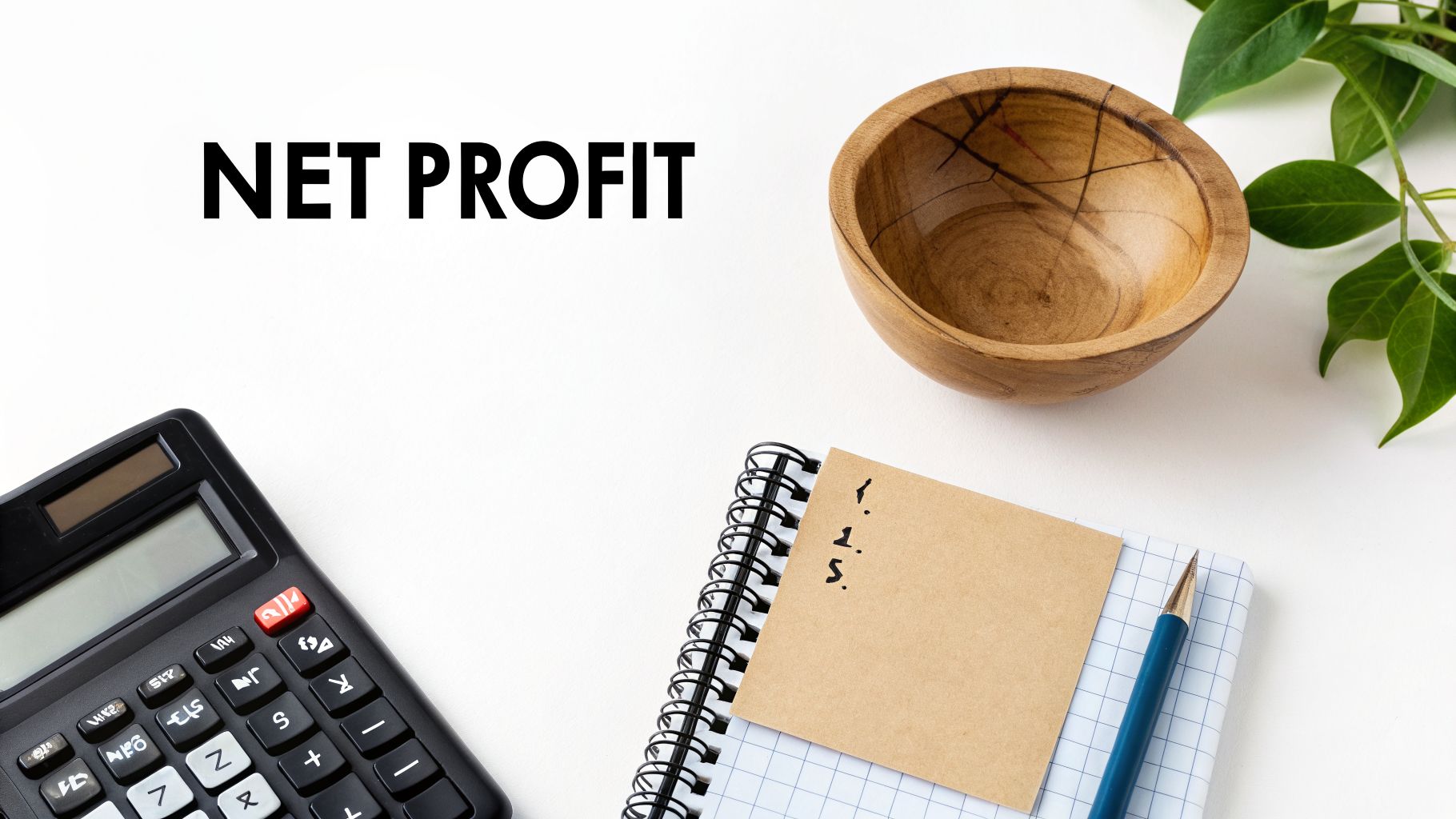 Financial concept flat lay showing 'NET PROFIT' text, a calculator, and a notebook.