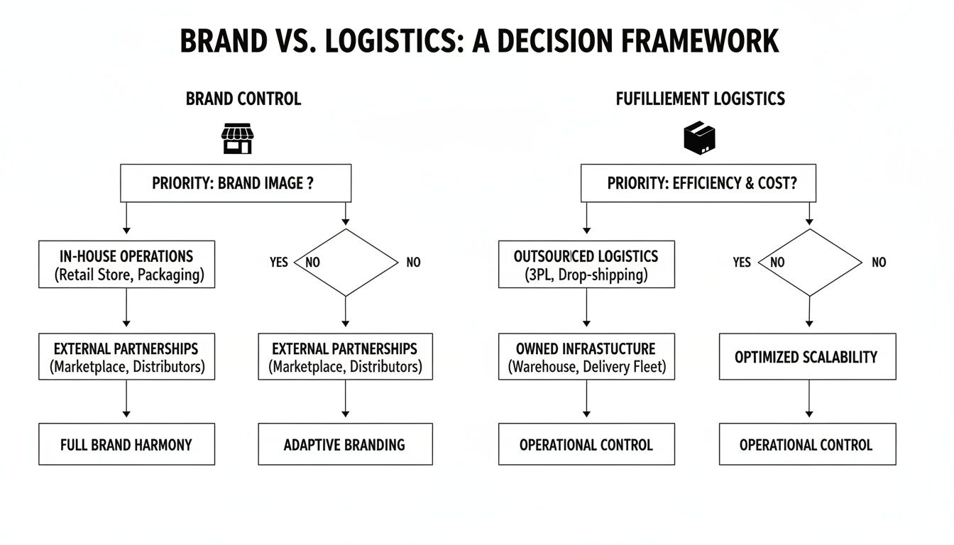 A flowchart illustrates decision-making for brand control and logistics based on business priorities.
