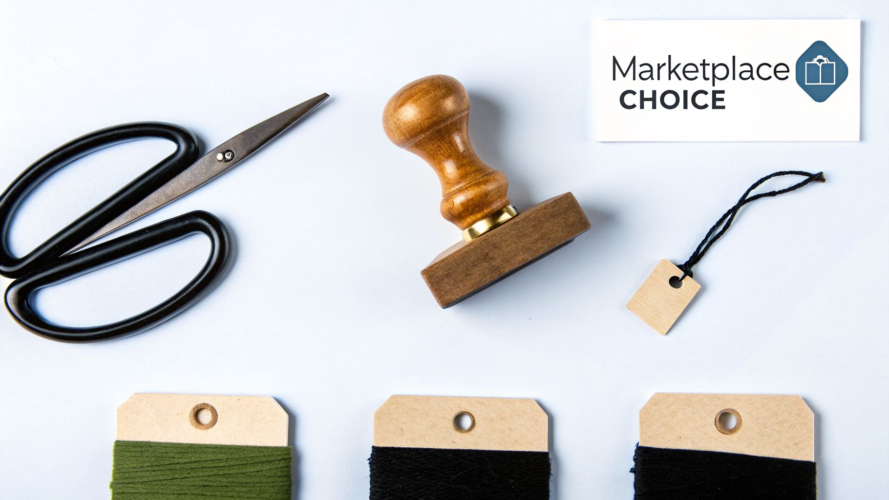 Flat lay of crafting tools and supplies, including scissors, a stamp, thread spools, and a 'Marketplace Choice' sign.