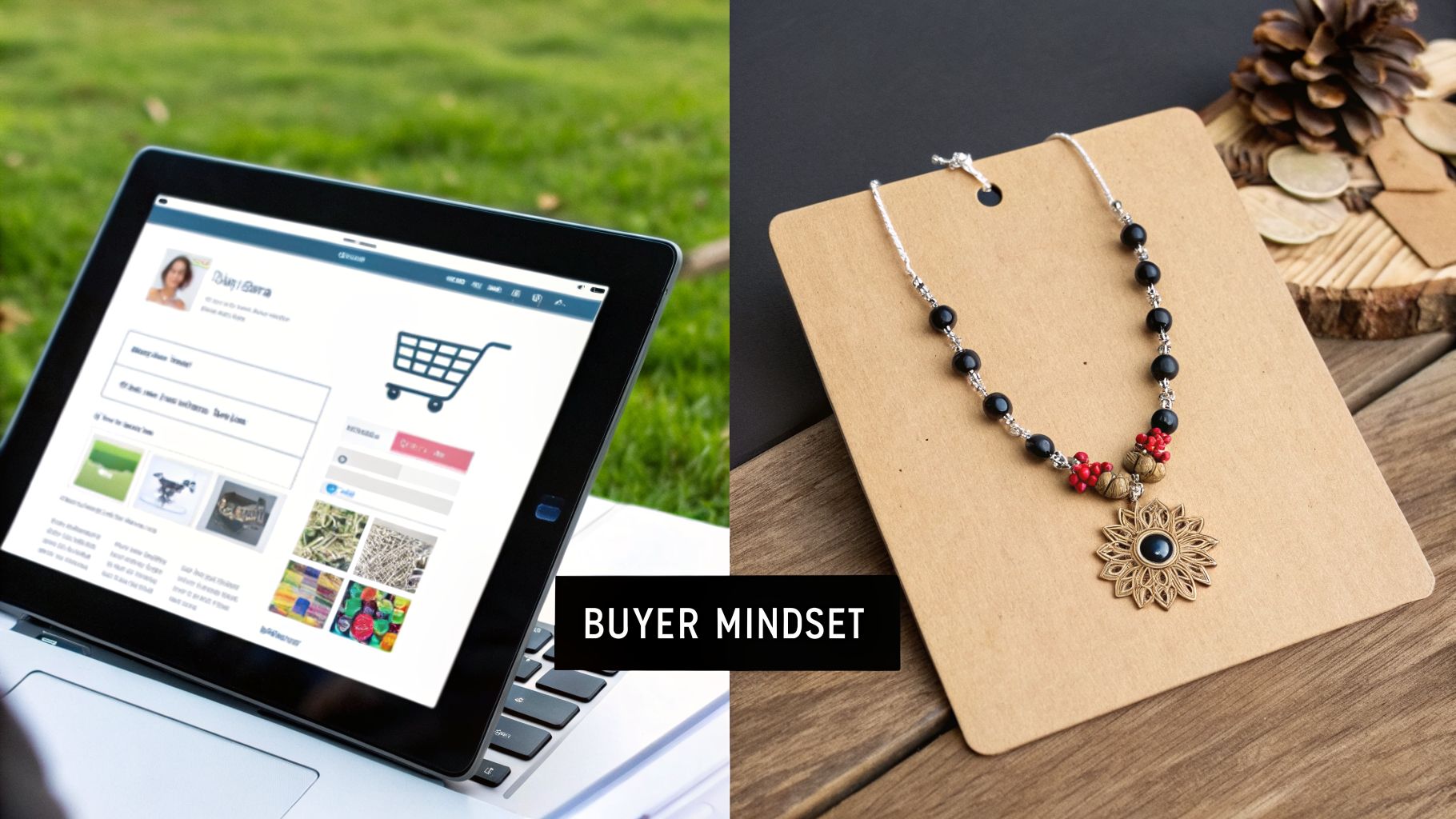 Online shopping interface on a laptop screen with products, next to a beautifully crafted handmade necklace on a display card.