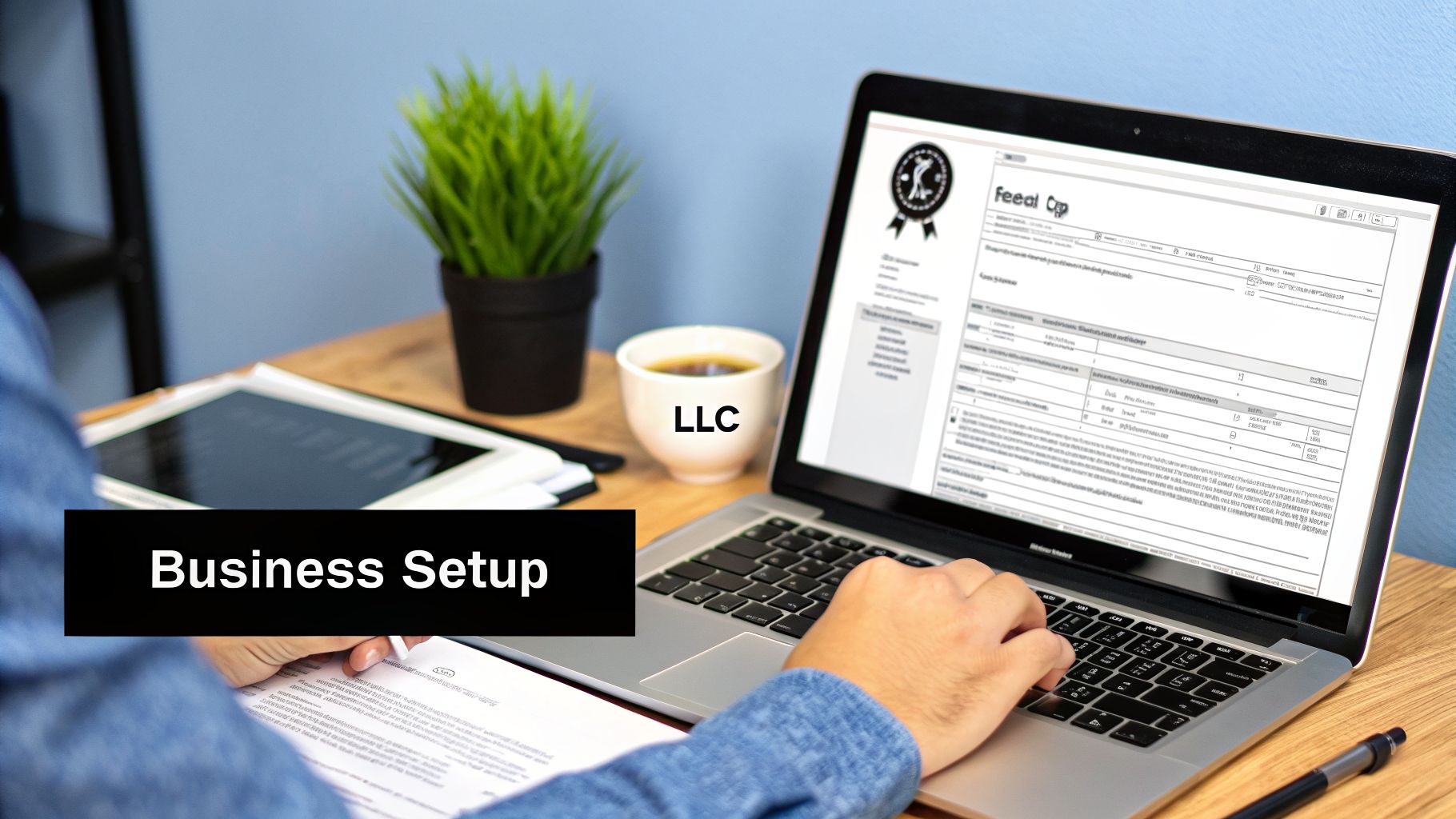 Person working on a laptop and reviewing documents for business setup, with 'LLC' on a coffee cup.