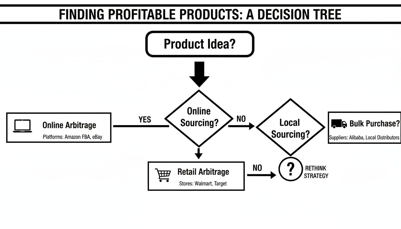 Decision tree for finding profitable products, outlining online, retail, and local sourcing strategies for entrepreneurs.