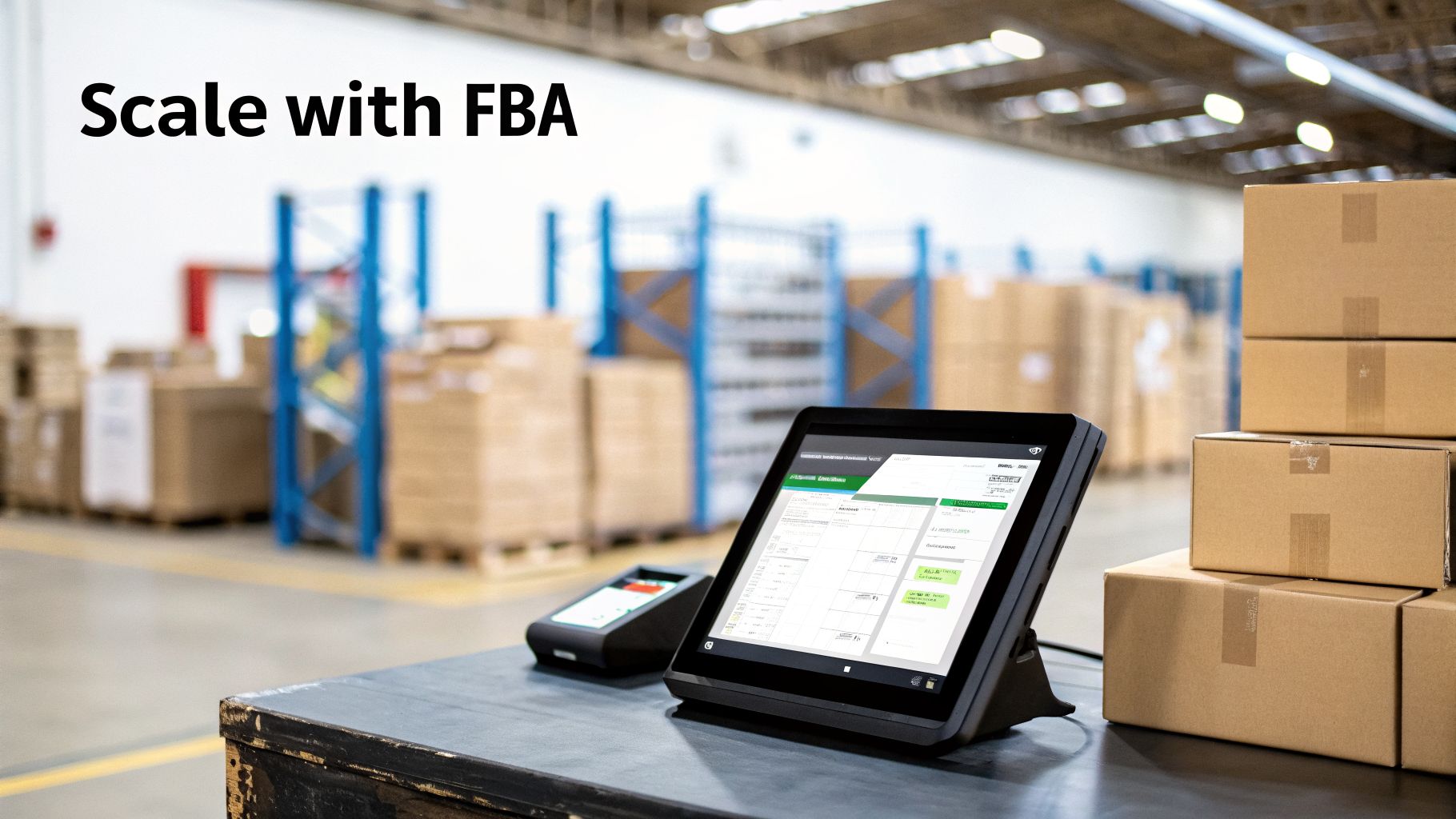 Tablet displaying FBA software in a warehouse with boxes and shelving, ready for scaling operations.