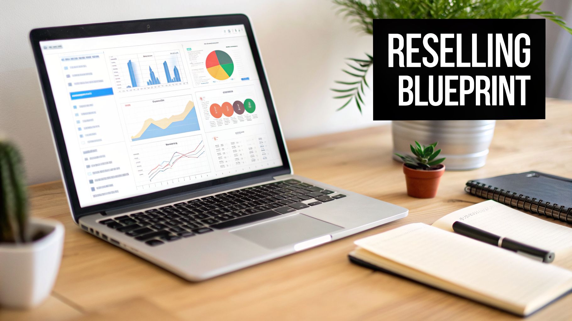 A laptop displaying business analytics charts on a wooden desk with a 'Reselling Blueprint' sign.