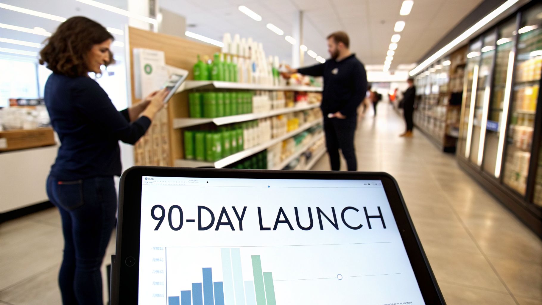 A woman uses a tablet in a retail store, while a foreground tablet displays '90-DAY LAUNCH' and a business chart.