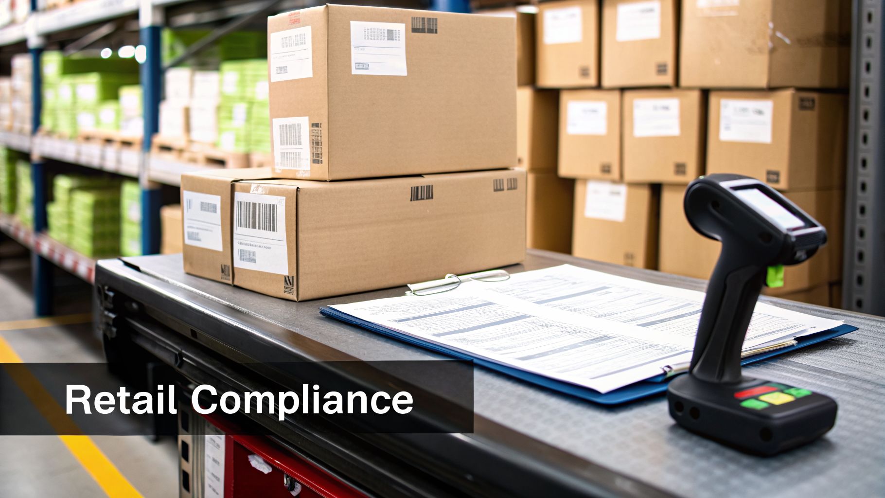 A warehouse scene featuring cardboard boxes, a barcode scanner, and documents on a counter, related to retail compliance.