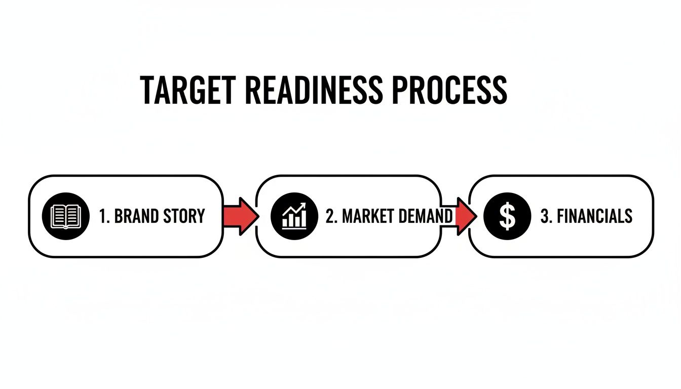 A flow chart illustrating the Target Readiness Process with three steps: Brand Story, Market Demand, and Financials.