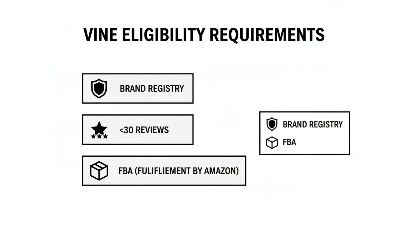 Diagram outlining Amazon Vine eligibility requirements: Brand Registry, FBA, and less than 30 reviews.