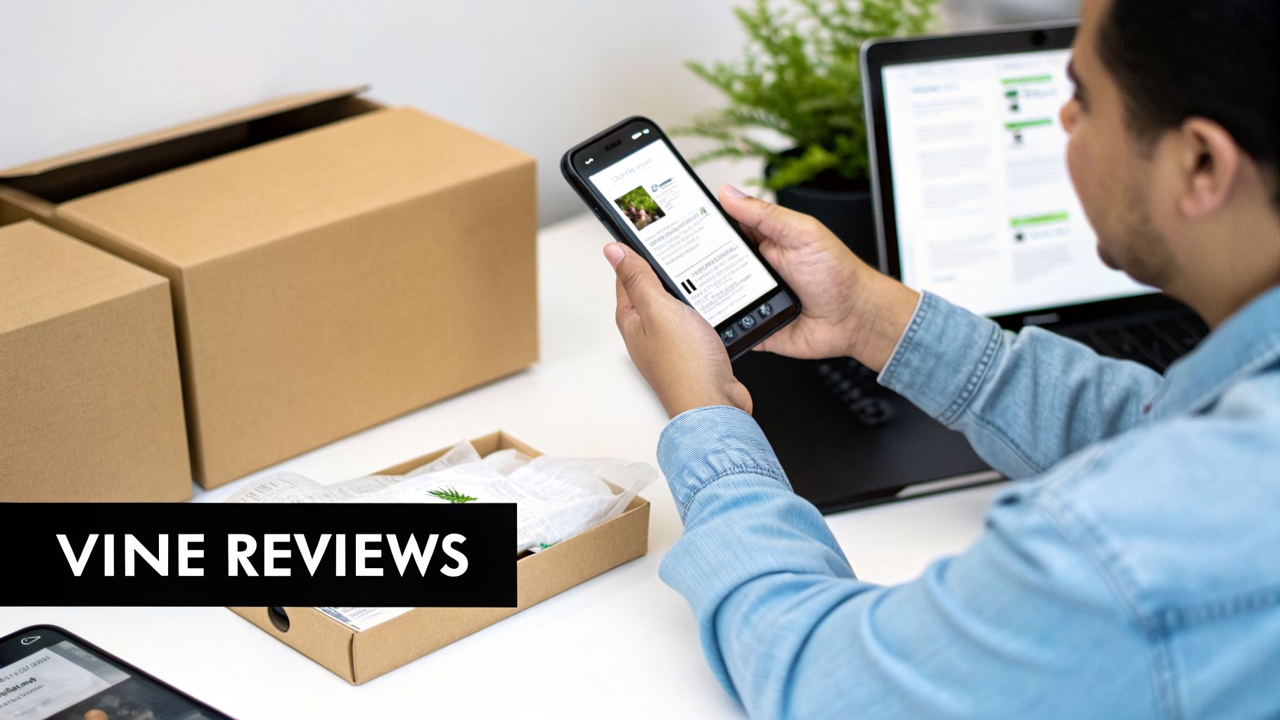 A person reviews product information on a smartphone and laptop surrounded by shipping boxes.