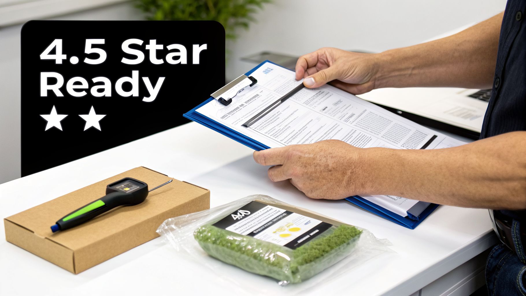 A person reviews documents on a clipboard, next to a packaged product and tool with '4.5 Star Ready' text.