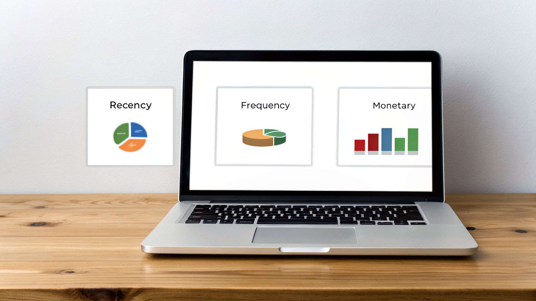 A laptop on a wooden desk displays charts for Recency, Frequency, and Monetary customer segmentation analysis.