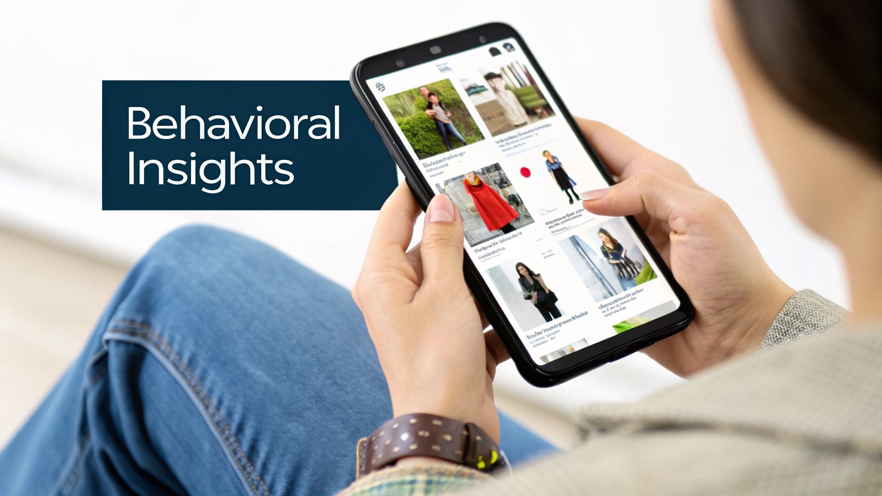 Person holding a smartphone displaying fashion images, with a 'Behavioral Insights' text overlay.