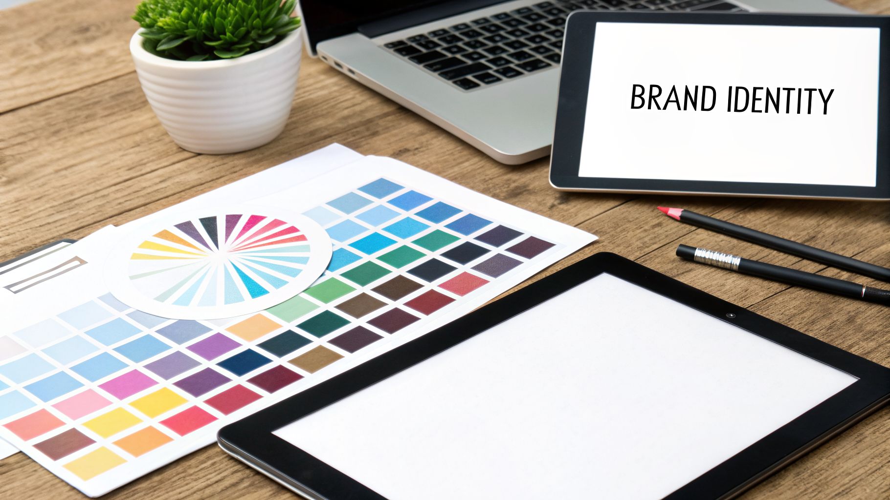 A desk with branding tools, including color palettes, tablets, a laptop, and pens, showcasing 'BRAND IDENTITY'.