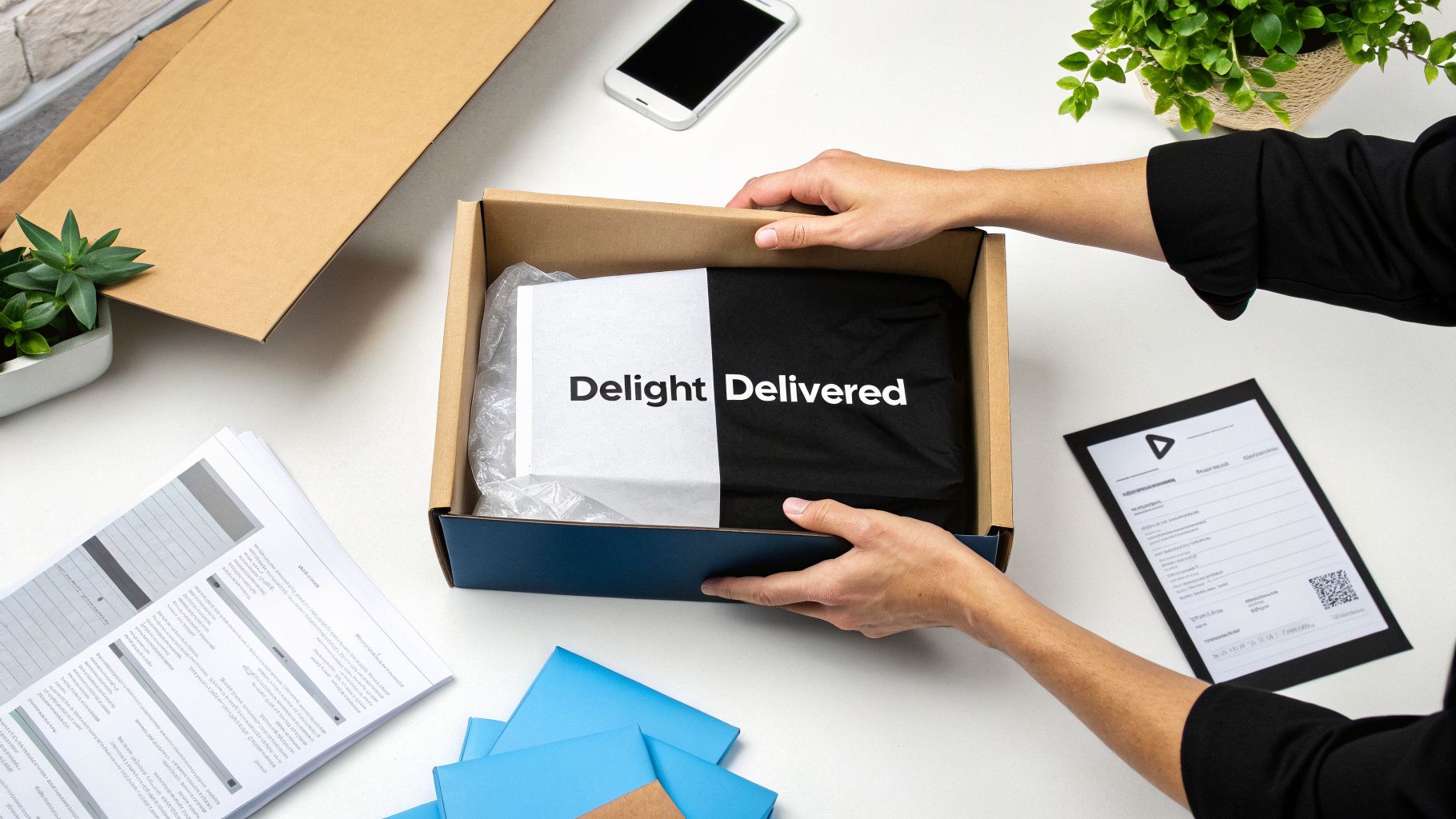 A person opens a package revealing 'Delight Delivered' branding, with a phone and documents nearby.