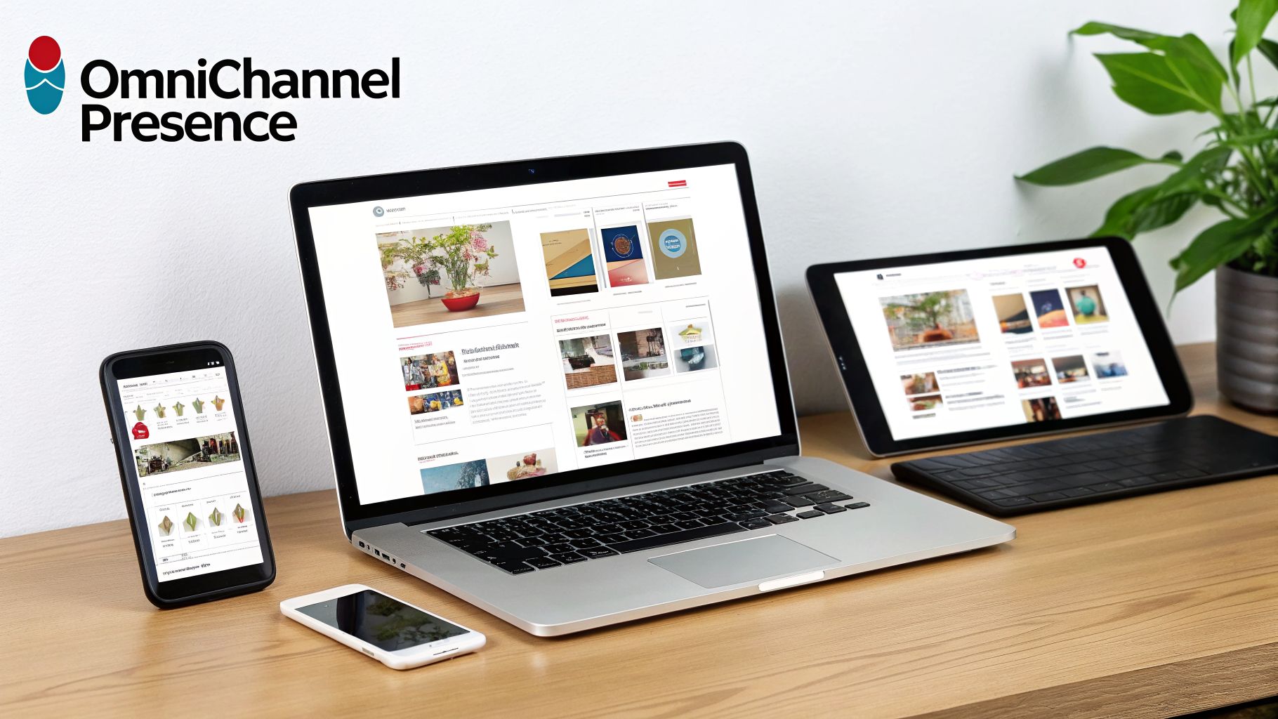 Multiple digital devices: a smartphone, laptop, and tablet, all displaying consistent content for omnichannel presence.