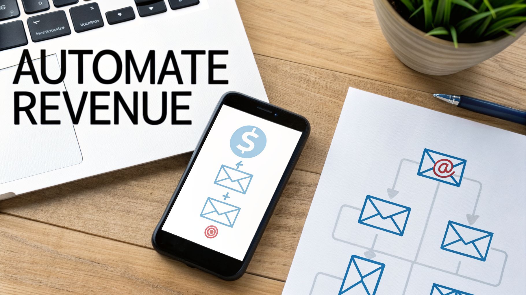 Laptop displaying 'AUTOMATE REVENUE' with a smartphone showing email automation leading to a dollar sign.