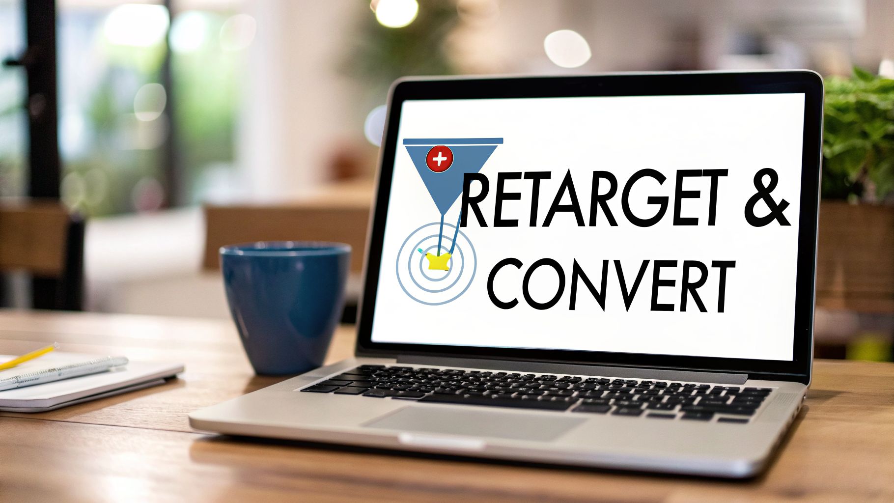 A laptop on a wooden desk displays 'RETARGET & CONVERT' with a funnel icon, next to a blue mug and notebook.