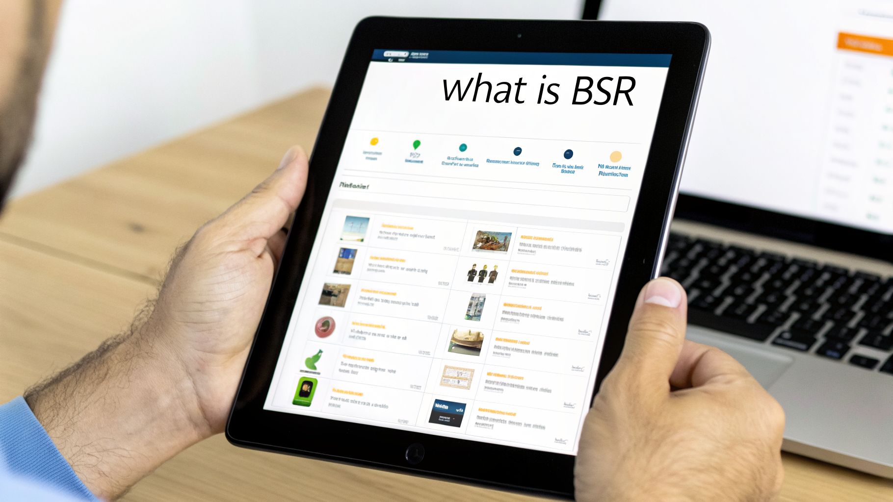 A person holds a tablet displaying a webpage with the question 'what is BSR' and content.