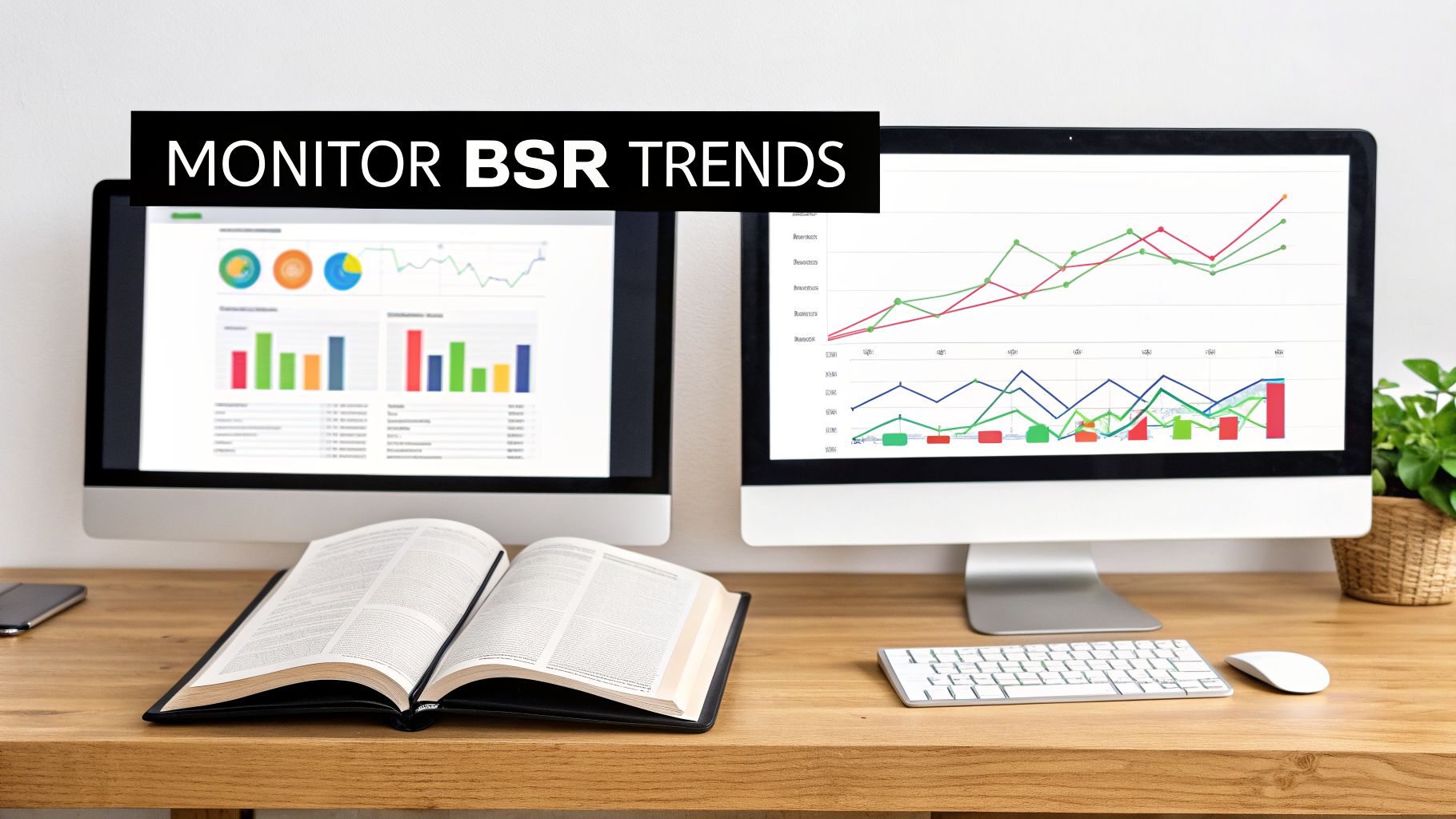 Two computer monitors display sales trend graphs and charts, with an open book on a wooden desk. Text: MONITOR BSR TRENDS.