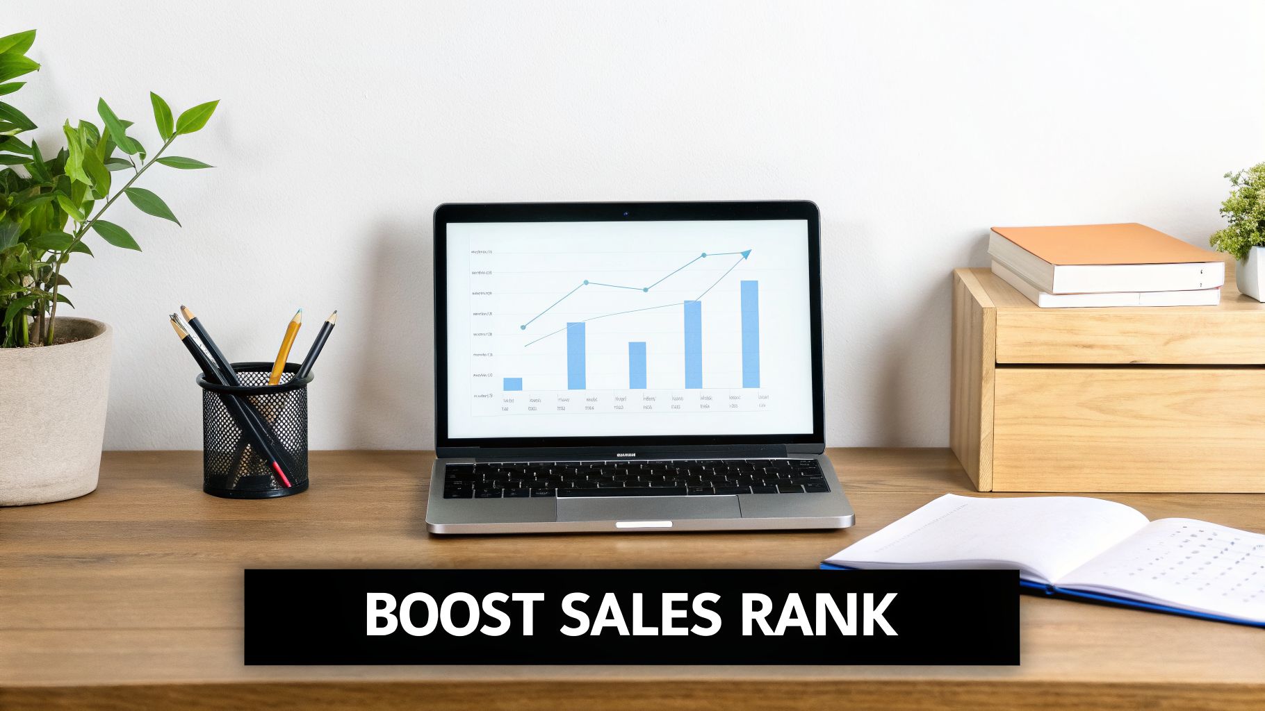 A laptop on a wooden desk displays a sales growth chart, with office supplies and a plant.