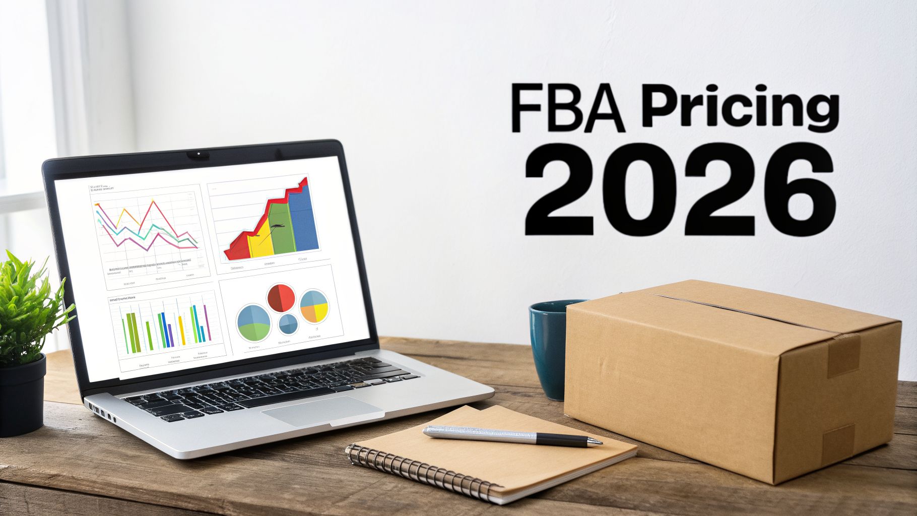 Laptop displaying FBA pricing data for 2026, with a shipping box and office supplies on a wooden desk.