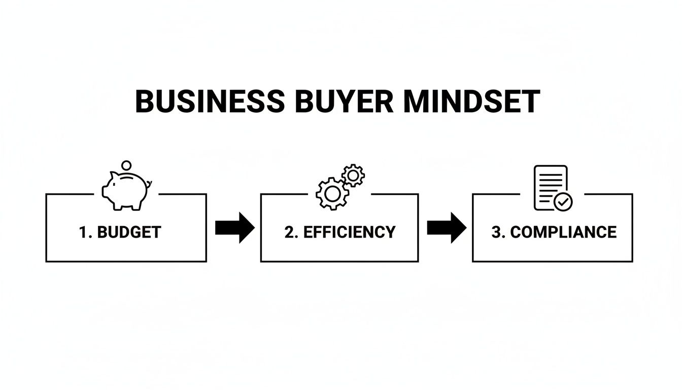 A diagram illustrating the business buyer mindset process: 1. Budget, 2. Efficiency, 3. Compliance.